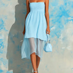 ElevenOra Chic Elegant Blue Spaghetti-Strap Square-Neck Tailored-Waist A-Line Mesh Hem Detail Ribbed Knit Midi Dress
