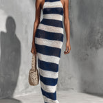 ElevenOra Chic Elegant Navy Blue-White Stripes Halter-Neck Sleeveless Loose-Fit Mesh Knit Maxi Dress