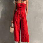 ElevenOra Chic Elegant Red Cotton Washed Spaghetti-Strap Square-Neck Sleeveless Button-Front Tailored-Waist Wide-Leg Jumpsuit