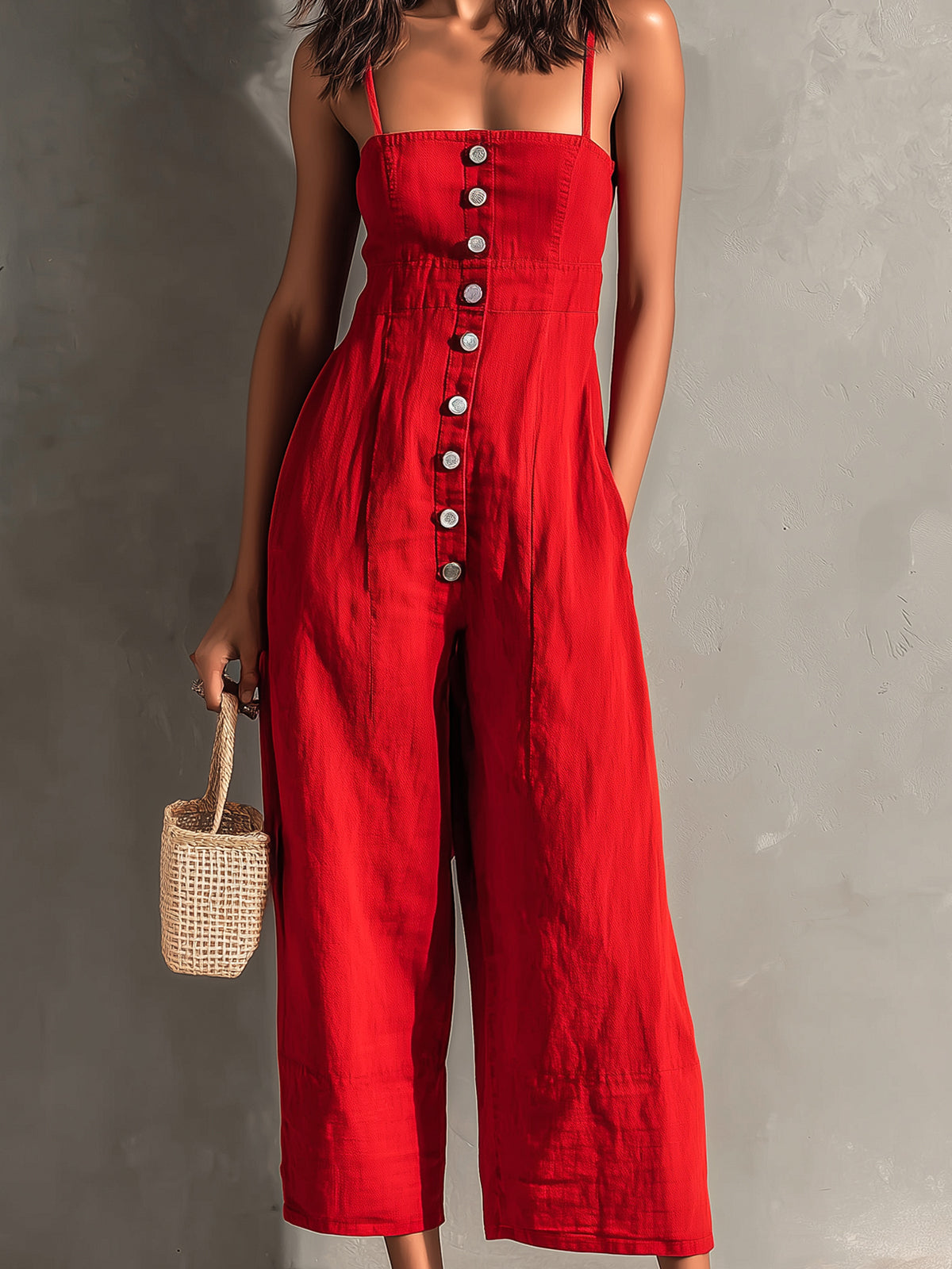 ElevenOra Chic Elegant Red Cotton Washed Spaghetti-Strap Square-Neck Sleeveless Button-Front Tailored-Waist Wide-Leg Jumpsuit