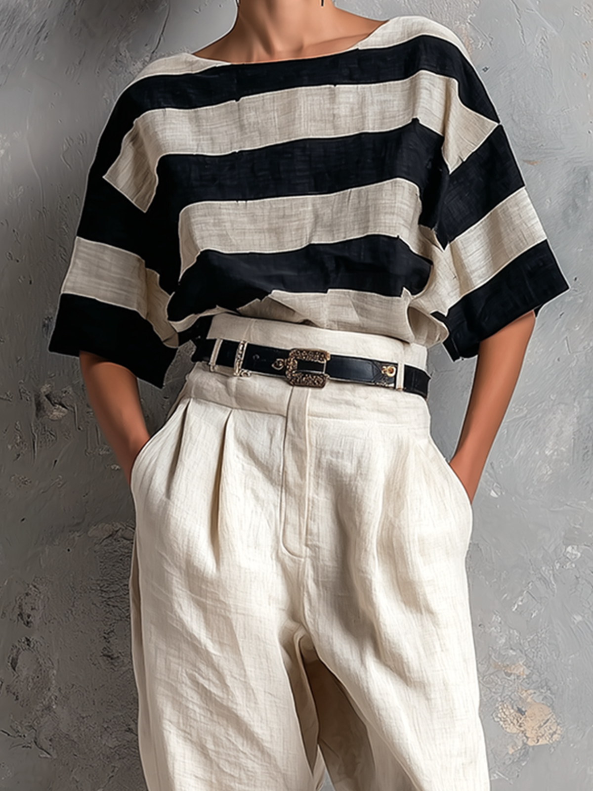 ElevenOra Chic Elegant Black-White Stripes Boat-Neck Short-Sleeve Loose-Fit Top High-waisted Straight-Leg Pants Cotton-Linen Blend Two-Piece Set