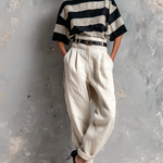 ElevenOra Chic Elegant Black-White Stripes Boat-Neck Short-Sleeve Loose-Fit Top High-waisted Straight-Leg Pants Cotton-Linen Blend Two-Piece Set