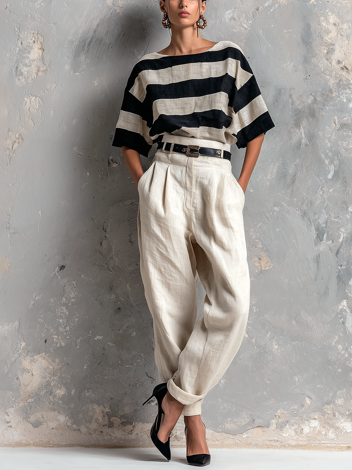 ElevenOra Chic Elegant Black-White Stripes Boat-Neck Short-Sleeve Loose-Fit Top High-waisted Straight-Leg Pants Cotton-Linen Blend Two-Piece Set