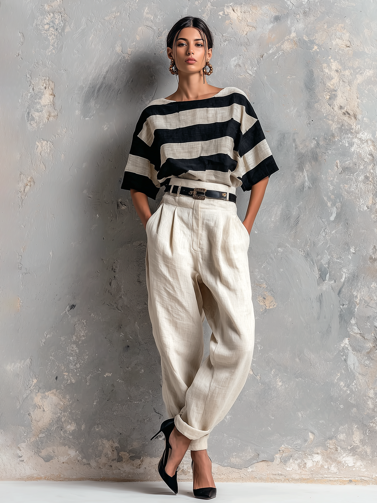 ElevenOra Chic Elegant Black-White Stripes Boat-Neck Short-Sleeve Loose-Fit Top High-waisted Straight-Leg Pants Cotton-Linen Blend Two-Piece Set