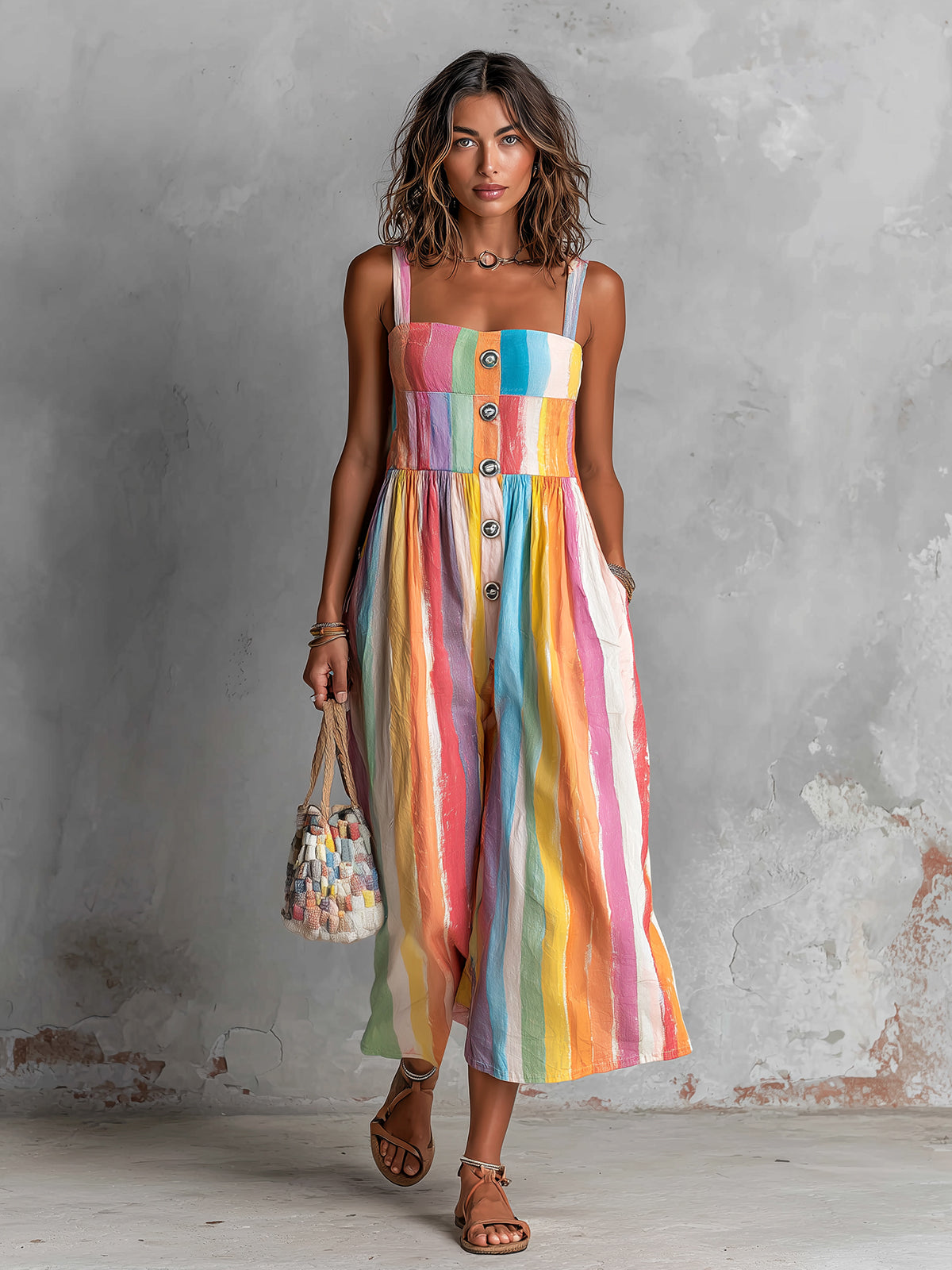 ElevenOra Chic Elegant Colorful Print Spaghetti-Strap Square-Neck Sleeveless Button-Front Loose-Fit Wide-Leg Cropped Jumpsuit