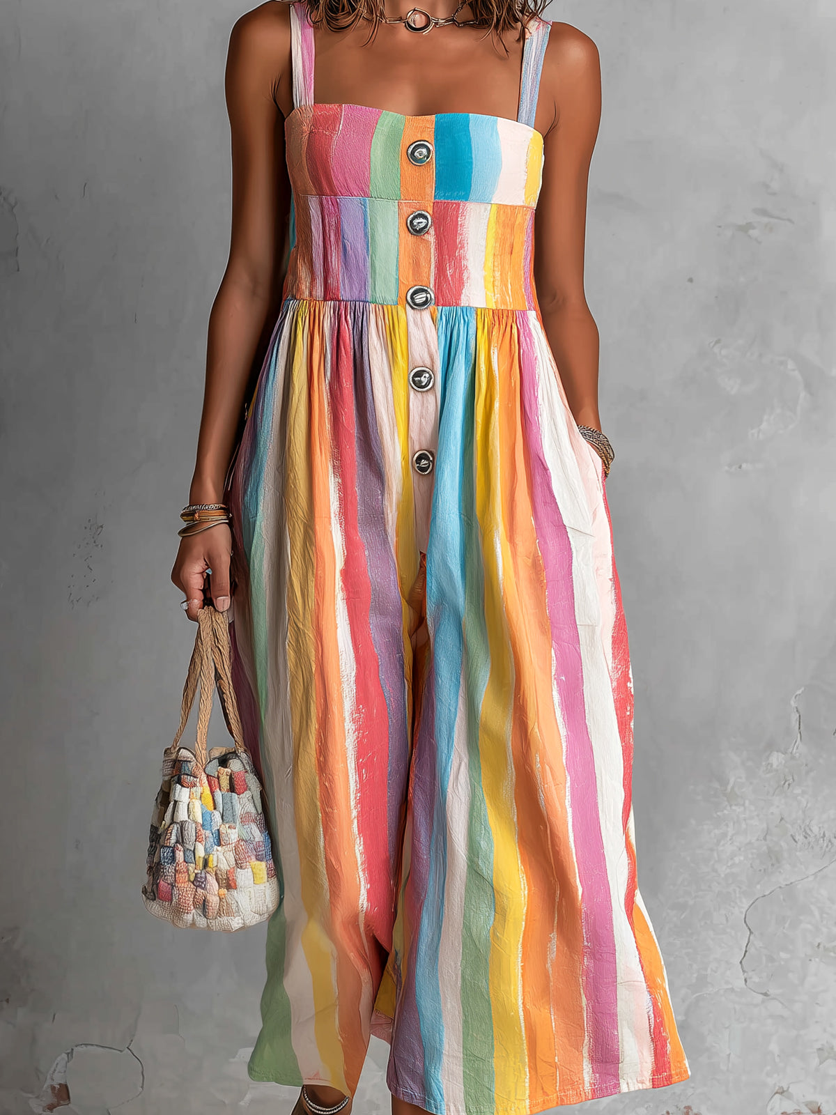ElevenOra Chic Elegant Colorful Print Spaghetti-Strap Square-Neck Sleeveless Button-Front Loose-Fit Wide-Leg Cropped Jumpsuit