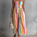 ElevenOra Chic Elegant Colorful Print Spaghetti-Strap Square-Neck Sleeveless Button-Front Loose-Fit Wide-Leg Cropped Jumpsuit