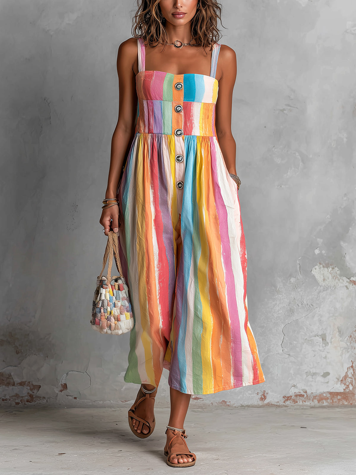 ElevenOra Chic Elegant Colorful Print Spaghetti-Strap Square-Neck Sleeveless Button-Front Loose-Fit Wide-Leg Cropped Jumpsuit