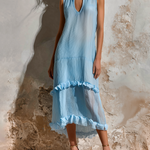 ElevenOra Chic Elegant Light Blue Stand-Collar V-Neck Sleeveless Tiered Ruffle Hem Loose-Fit Crinkled Chiffon Midi Dress