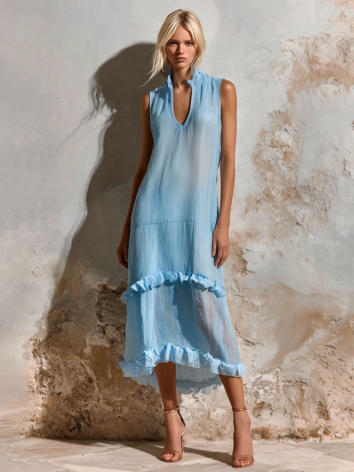 ElevenOra Chic Elegant Light Blue Stand-Collar V-Neck Sleeveless Tiered Ruffle Hem Loose-Fit Crinkled Chiffon Midi Dress