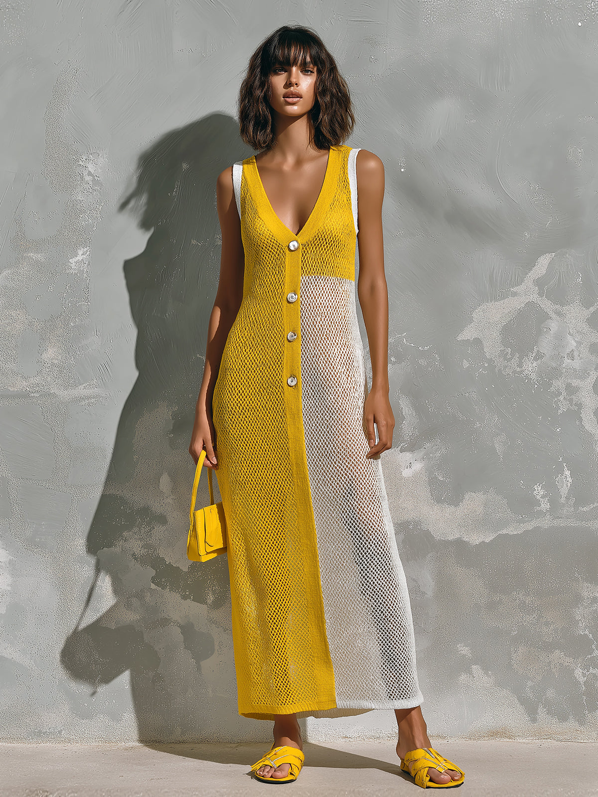 ElevenOra Chic Elegant Yellow-White Colorblock V-Neck Sleeveless Button-Front A-Line Mesh Knit Maxi Dress