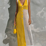 ElevenOra Chic Elegant Yellow-White Colorblock V-Neck Sleeveless Button-Front A-Line Mesh Knit Maxi Dress