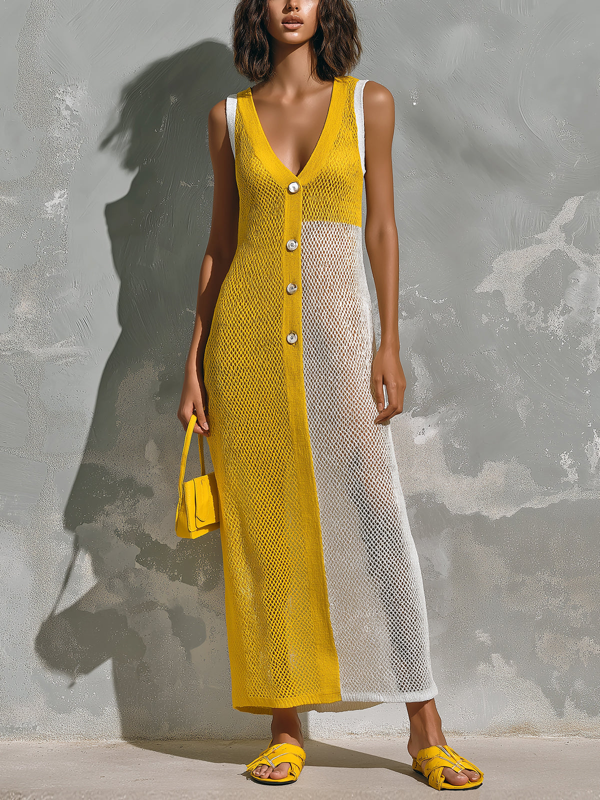 ElevenOra Chic Elegant Yellow-White Colorblock V-Neck Sleeveless Button-Front A-Line Mesh Knit Maxi Dress