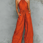 ElevenOra Chic Elegant Red Halter-Neck Sleeveless Tailored-Waist Cotton Blend Wide-Leg Jumpsuit