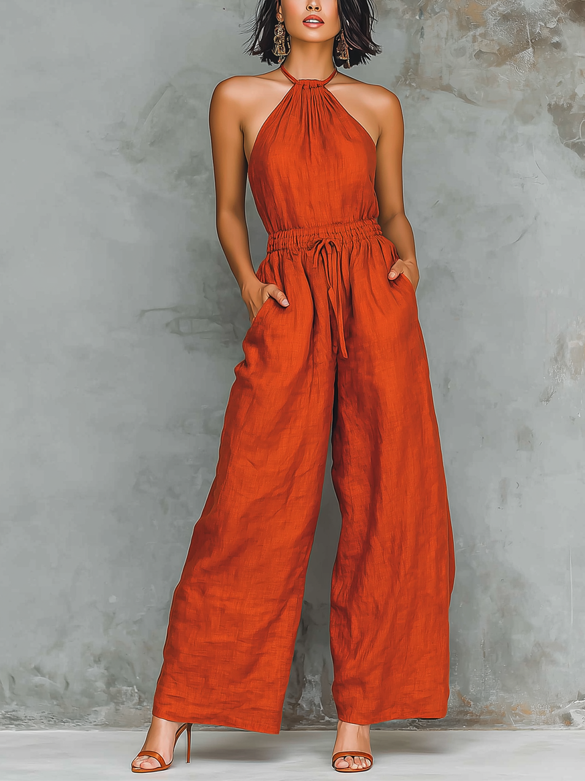ElevenOra Chic Elegant Red Halter-Neck Sleeveless Tailored-Waist Cotton Blend Wide-Leg Jumpsuit