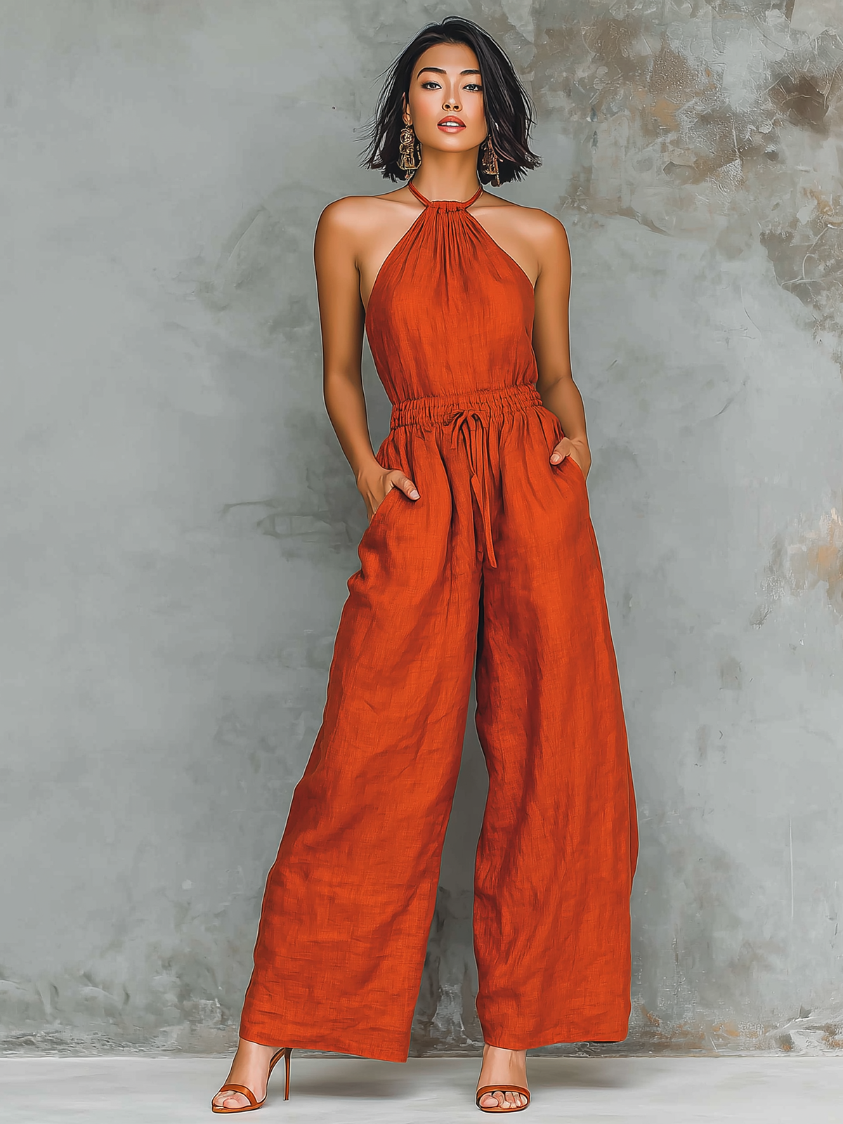 ElevenOra Chic Elegant Red Halter-Neck Sleeveless Tailored-Waist Cotton Blend Wide-Leg Jumpsuit