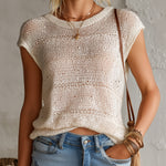 ElevenOra Chic Elegant Cream White Round-Neck Cap Sleeve Hollow-Out Sequins Detail Knit Sweater Top