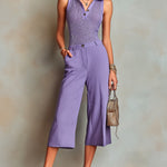 ElevenOra Chic Elegant Violet Polo-Neck Sleeveless Mesh Knit Vest Cotton-Linen Blend Slim-Fit Straight Cropped Pants Two Piece Set