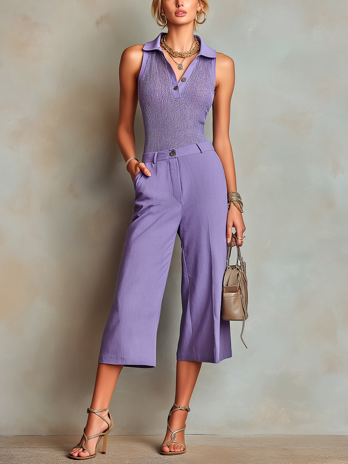 ElevenOra Chic Elegant Violet Polo-Neck Sleeveless Mesh Knit Vest Cotton-Linen Blend Slim-Fit Straight Cropped Pants Two Piece Set