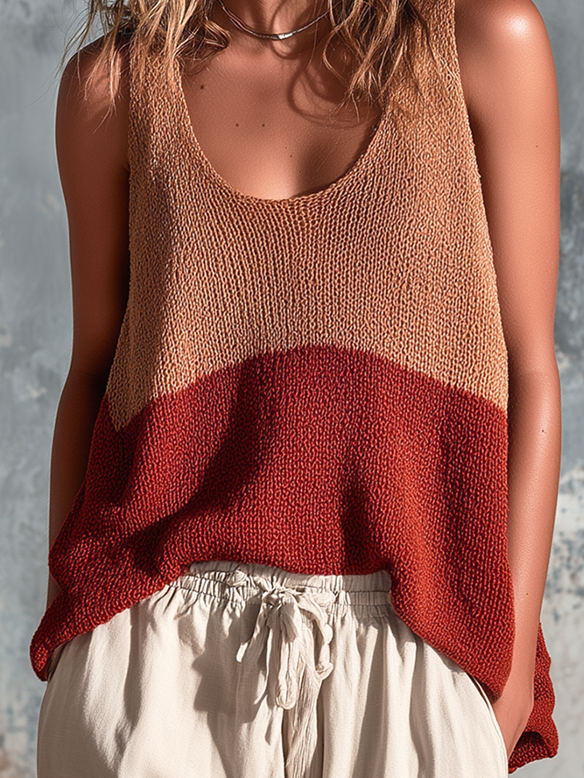 ElevenOra Chic Casual Caramel-Rust Colorblock U-Neck Sleeveless Loose-Fit Knit Tank Top