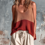 ElevenOra Chic Casual Caramel-Rust Colorblock U-Neck Sleeveless Loose-Fit Knit Tank Top