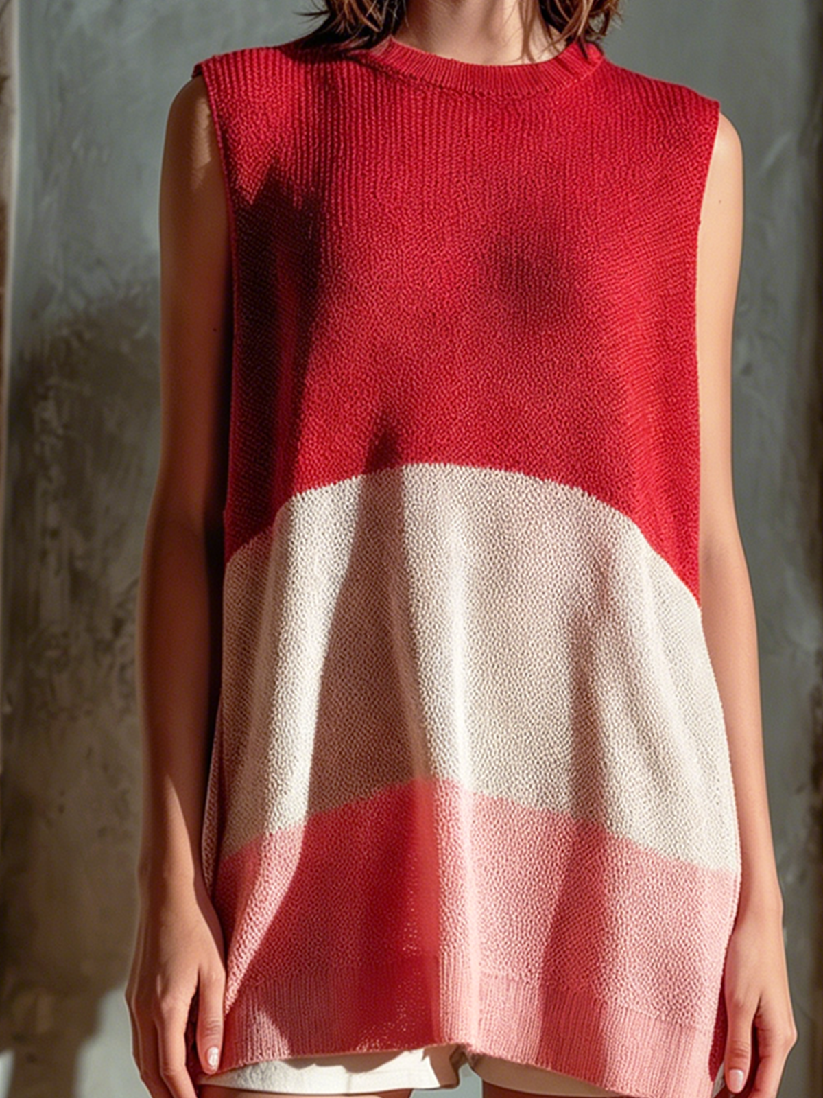 ElevenOra Chic Elegant Red Sunset Colorblock Round-Neck Sleeveless Loose-Fit Mid-Length Knit Vest Top
