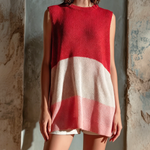 ElevenOra Chic Elegant Red Sunset Colorblock Round-Neck Sleeveless Loose-Fit Mid-Length Knit Vest Top