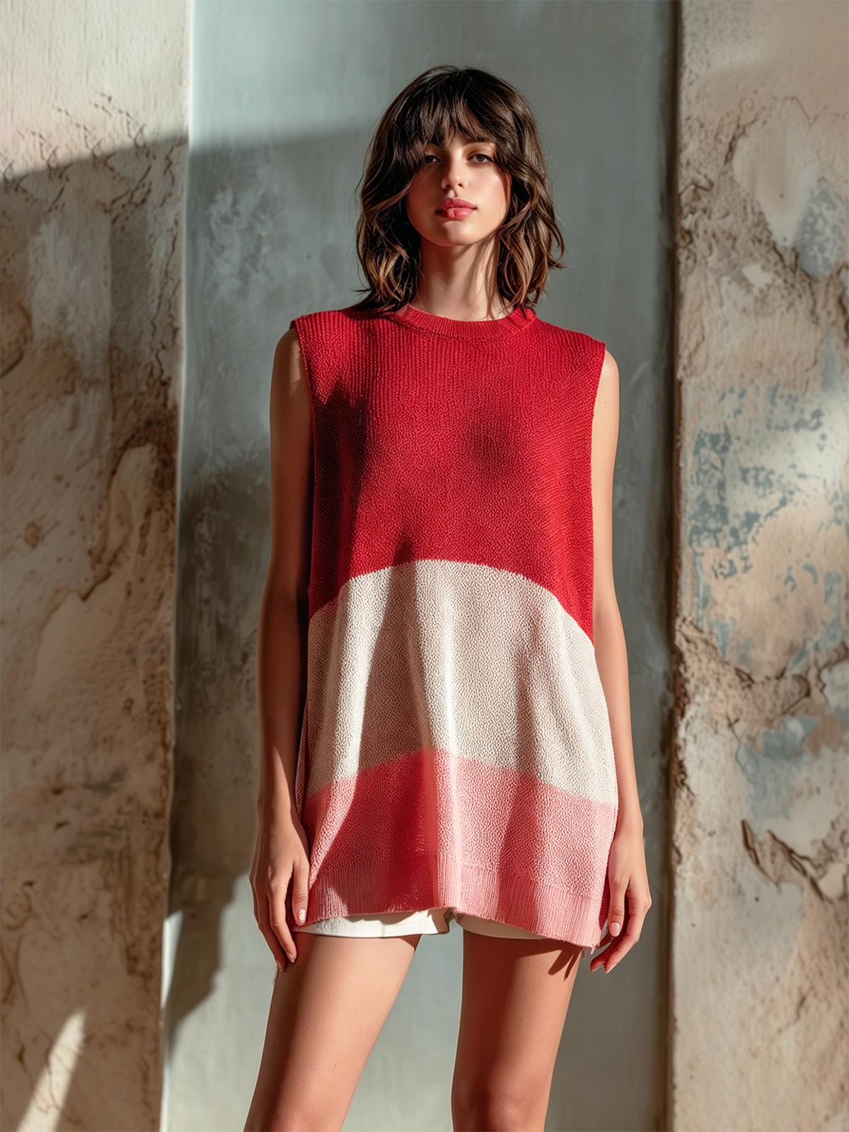 ElevenOra Chic Elegant Red Sunset Colorblock Round-Neck Sleeveless Loose-Fit Mid-Length Knit Vest Top