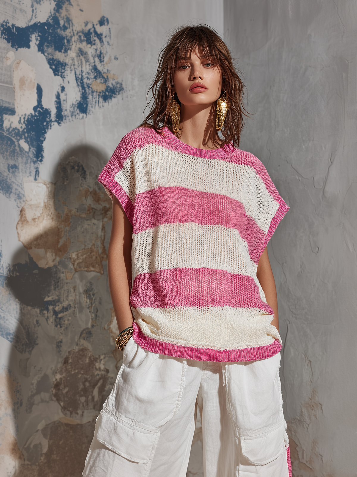 ElevenOra Chic Casual Pink-White Stripes Round-Neck Drop Shoulder Loose-Fit Mesh Knit Vest Top