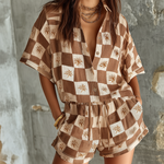 ElevenOra Chic Casual Camel-Beige Checkered Tropical Palm Print Lapel Collar Button-Up Short-Sleeve Cotton-Linen Blend Elastic-Waist Romper