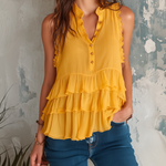 ElevenOra Chic Casual Mustard Yellow Stand-Collar Ruffle Trim  Button-Up Sleeveless Loose-Fit Crinkled Chiffon Shirt Top