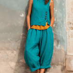 ElevenOra Chic Elegant Peacock Blue Round-Neck Button Detail Layered-Look Contrast Trim Sleeveless Loose-Fit Vest Harem Pants Two-Piece Set