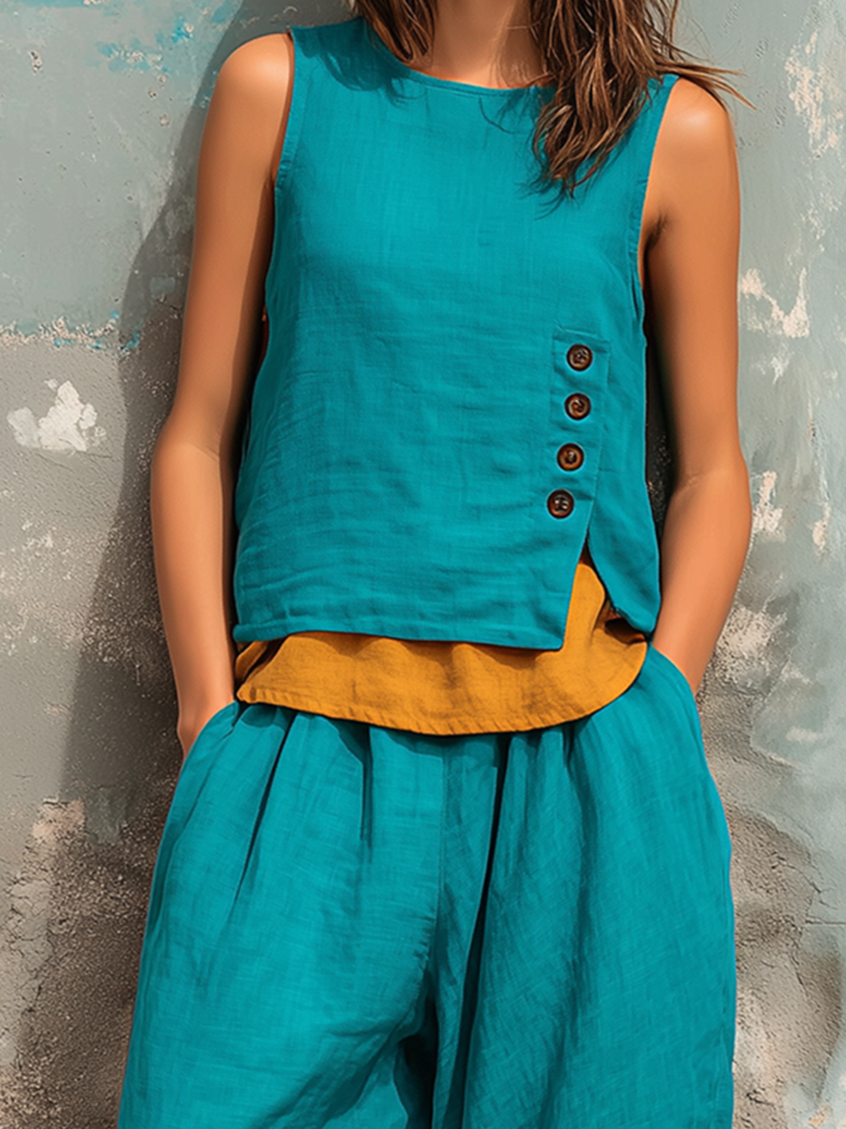 ElevenOra Chic Elegant Peacock Blue Round-Neck Button Detail Layered-Look Contrast Trim Sleeveless Loose-Fit Vest Harem Pants Two-Piece Set