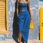 ElevenOra Chic Elegant Blue Spaghetti-Strap Square-Neck Zipper-Front Sleeveless Slim-Fit Tank Top Cotton Blend Side-Slit Midi Skirt Two-Piece Set