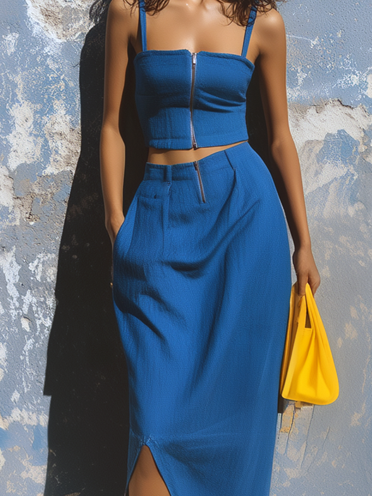 ElevenOra Chic Elegant Blue Spaghetti-Strap Square-Neck Zipper-Front Sleeveless Slim-Fit Tank Top Cotton Blend Side-Slit Midi Skirt Two-Piece Set