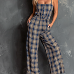 ElevenOra Chic Elegant Navy-Beige Plaid Spaghetti-Strap Button-Front Sleeveless Tailored-Waist Cotton Blend Wide-Leg Jumpsuit