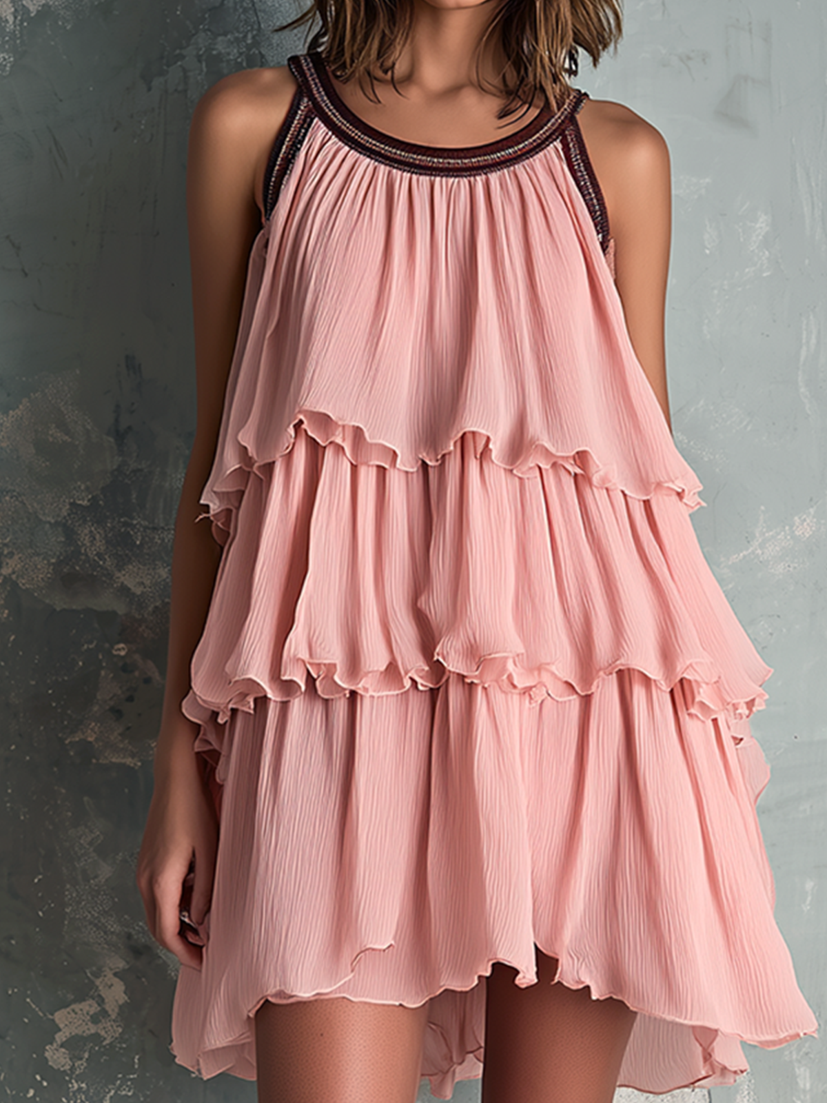 ElevenOra Chic Elegant Blush Pink Contrast Trim Round-Neck  Sleeveless Tiered Ruffle Loose-Fit Crinkled Chiffon Mini Dress