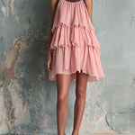 ElevenOra Chic Elegant Blush Pink Contrast Trim Round-Neck  Sleeveless Tiered Ruffle Loose-Fit Crinkled Chiffon Mini Dress