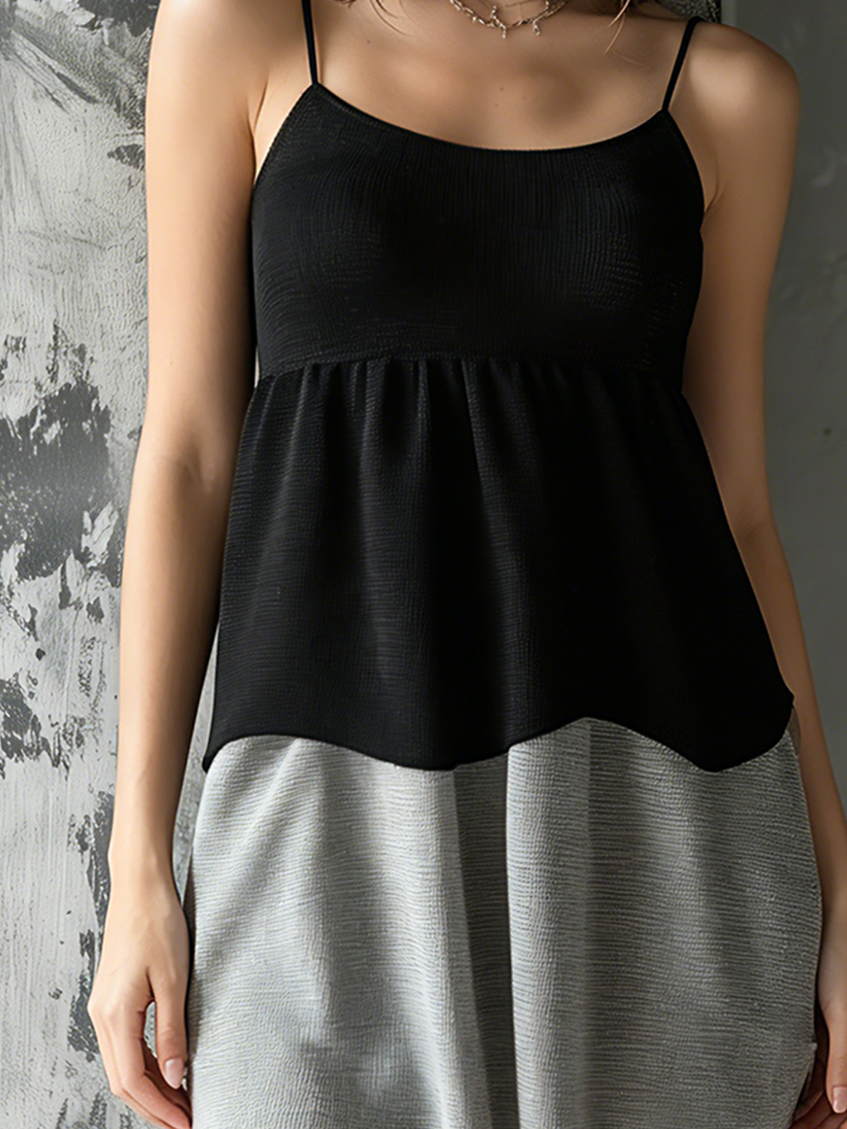 ElevenOra Chic Elegant Black-Grey Wavy Colorblock Spaghetti-Strap Sleeveless Loose-Fit Knit Mini Dress