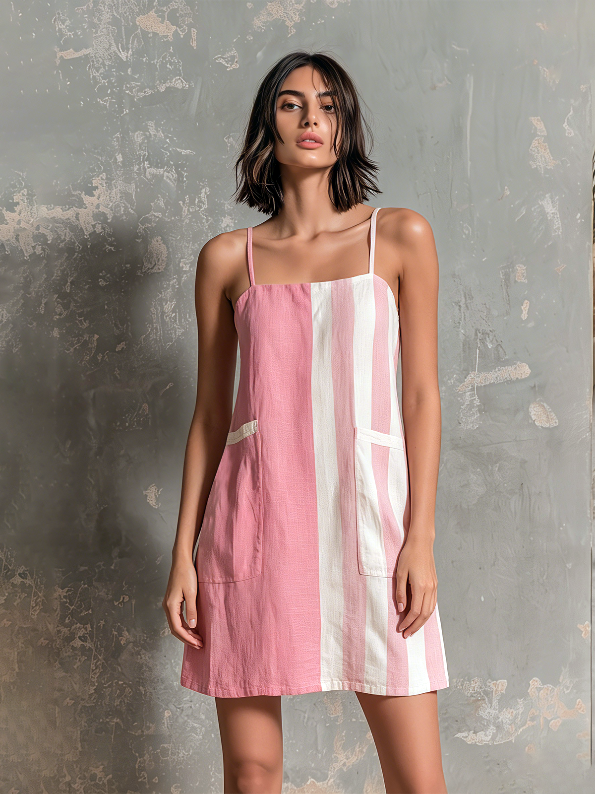 ElevenOra Chic Elegant Pink-White Colorblock Striped Spaghetti-Strap Contrast Patch Pockets Sleeveless Loose-Fit Cotton-Linen Blend  Mini Dress