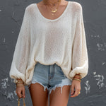 ElevenOra Chic Elegant Cream White Round-Neck Long Lantern Sleeve Loose-Fit Mesh Knit Sweater Top