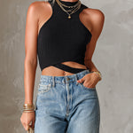 ElevenOra Chic Elegant Black Round-Neck Sleeveless Asymmetrical Hem Slim-Fit Ribbed Knit Tank Top