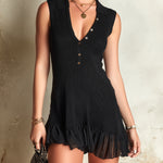 ElevenOra Chic Elegant Black Button-Up Lapel Collar Sleeveless Chiffon Ruffled Hem Slim-Fit Ribbed-Knit Mini Dress