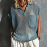 ElevenOra Chic Casual Misty Blue Lapel Collar Button-Up Patch Pockets Loose-Fit Mesh Knit Vest Top