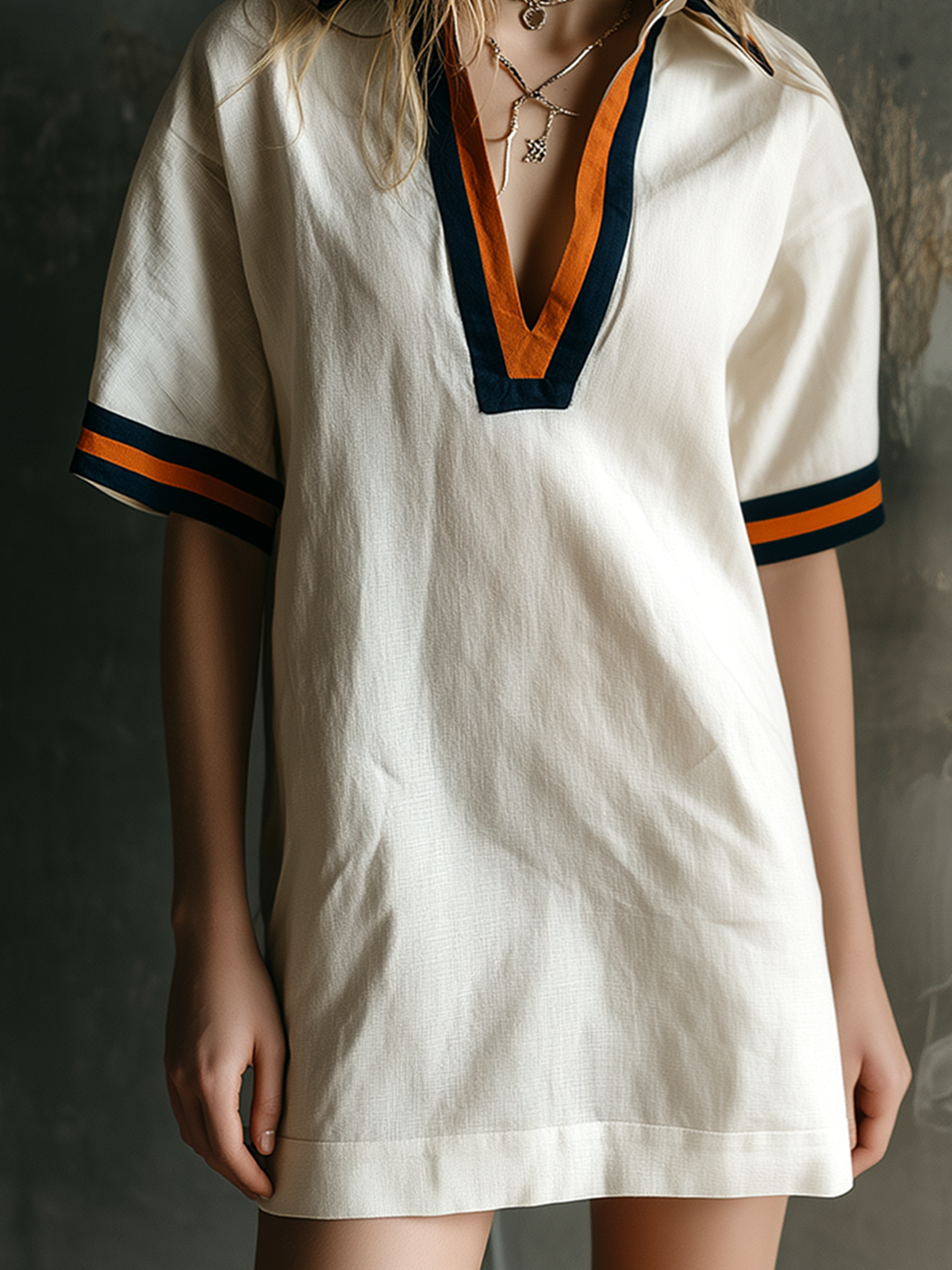 ElevenOra Chic Casual White Lapel Collar V-Neck Contrast Trim Short-Sleeve Loose-Fit Cotton-Linen Blend Mini Dress