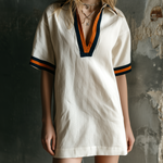 ElevenOra Chic Casual White Lapel Collar V-Neck Contrast Trim Short-Sleeve Loose-Fit Cotton-Linen Blend Mini Dress