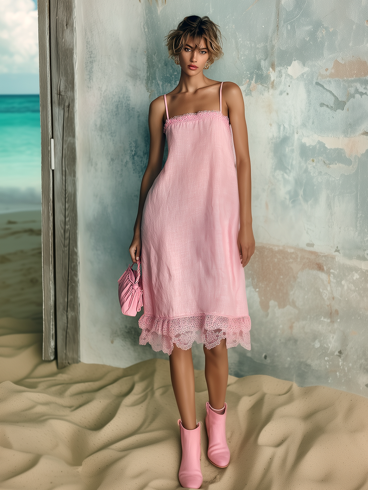 ElevenOra Chic Elegant Pink Spaghetti-Strap Tiered Lace Hem Sleeveless Loose-Fit Cotton-Linen Blend Midi Dress