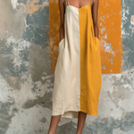 ElevenOra Chic Elegant White-Mustard Yellow Colorblock Spaghetti-Strap Sweetheart Neck Sleeveless Loose-Fit Cotton-Linen Blend Midi Dress