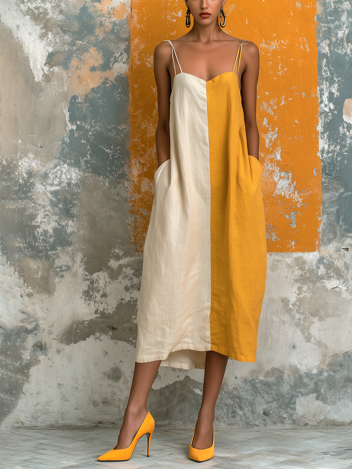 ElevenOra Chic Elegant White-Mustard Yellow Colorblock Spaghetti-Strap Sweetheart Neck Sleeveless Loose-Fit Cotton-Linen Blend Midi Dress