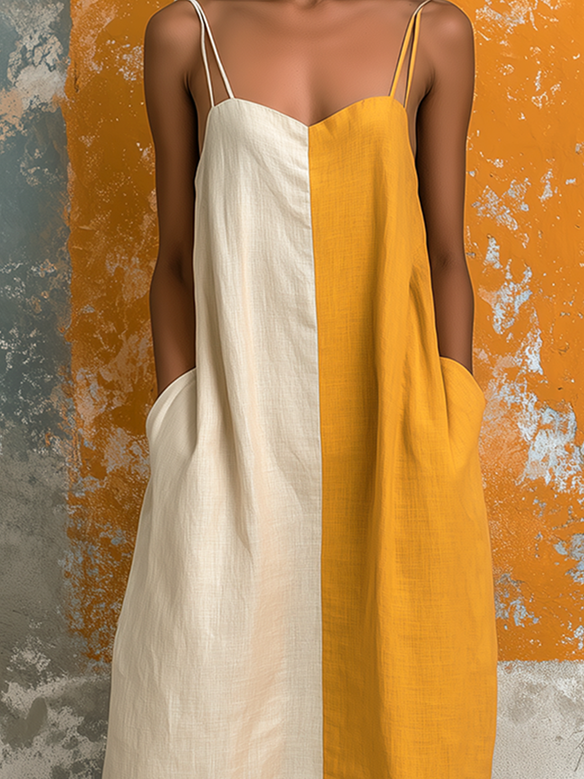 ElevenOra Chic Elegant White-Mustard Yellow Colorblock Spaghetti-Strap Sweetheart Neck Sleeveless Loose-Fit Cotton-Linen Blend Midi Dress
